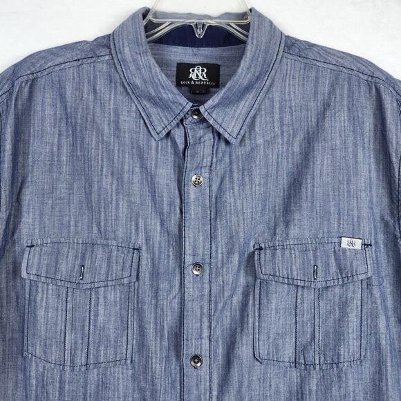 Rock & Republic Shirt Blue Two Tone Short Sleeve Button Up Size XL Front Pockets - Picture 2 of 8
